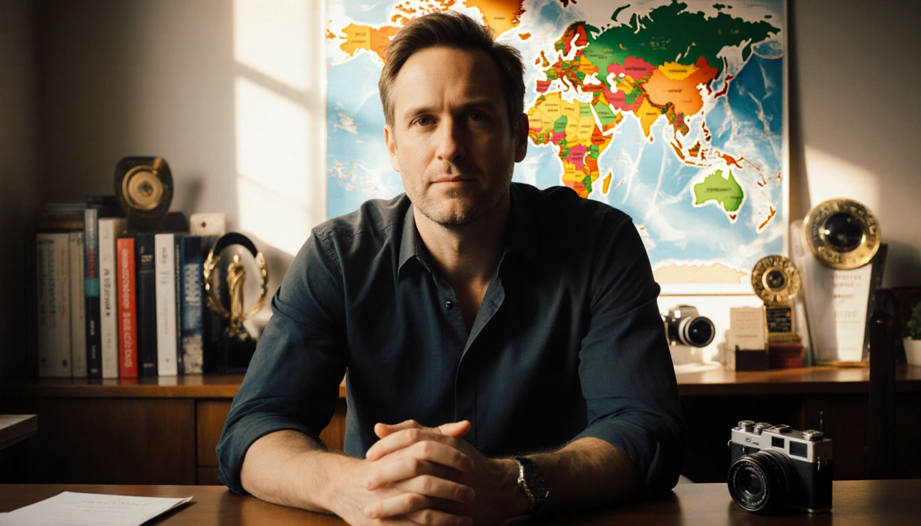 Tom Freston sits at a wooden desk with a global map behind him and books and artifacts in front looking determined.