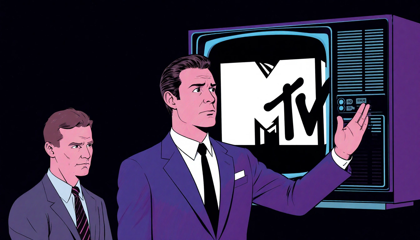 Tom Freston gesturing toward a sleek TV screen with MTV logo and 1980s fashion as Bob Pittman skeptical in neon background