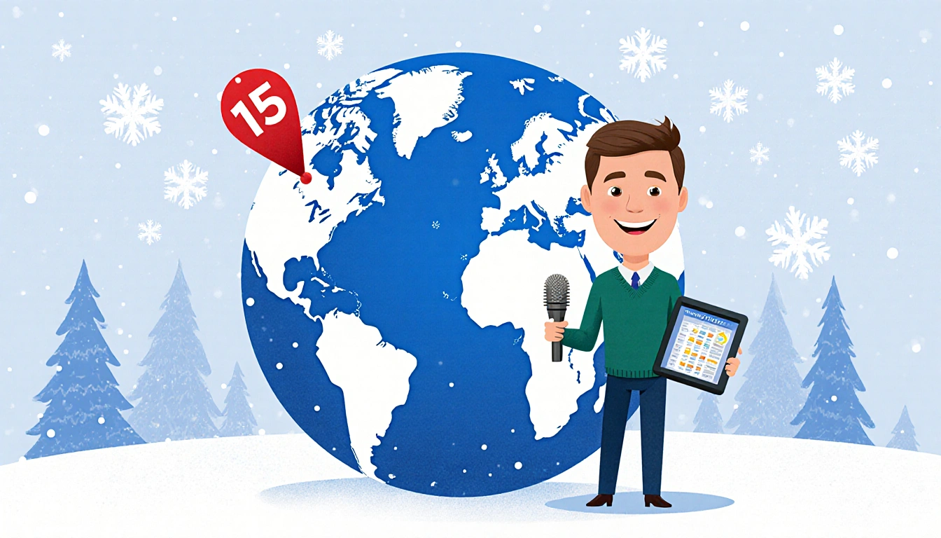 Tommy House weather forecaster standing in front of map with a red pin showing 15 freezes and mic beside him with snowflakes