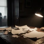 Shredded documents scattered on a desk with a flickering lamp casting glow and a blurred lawyer office window in background.