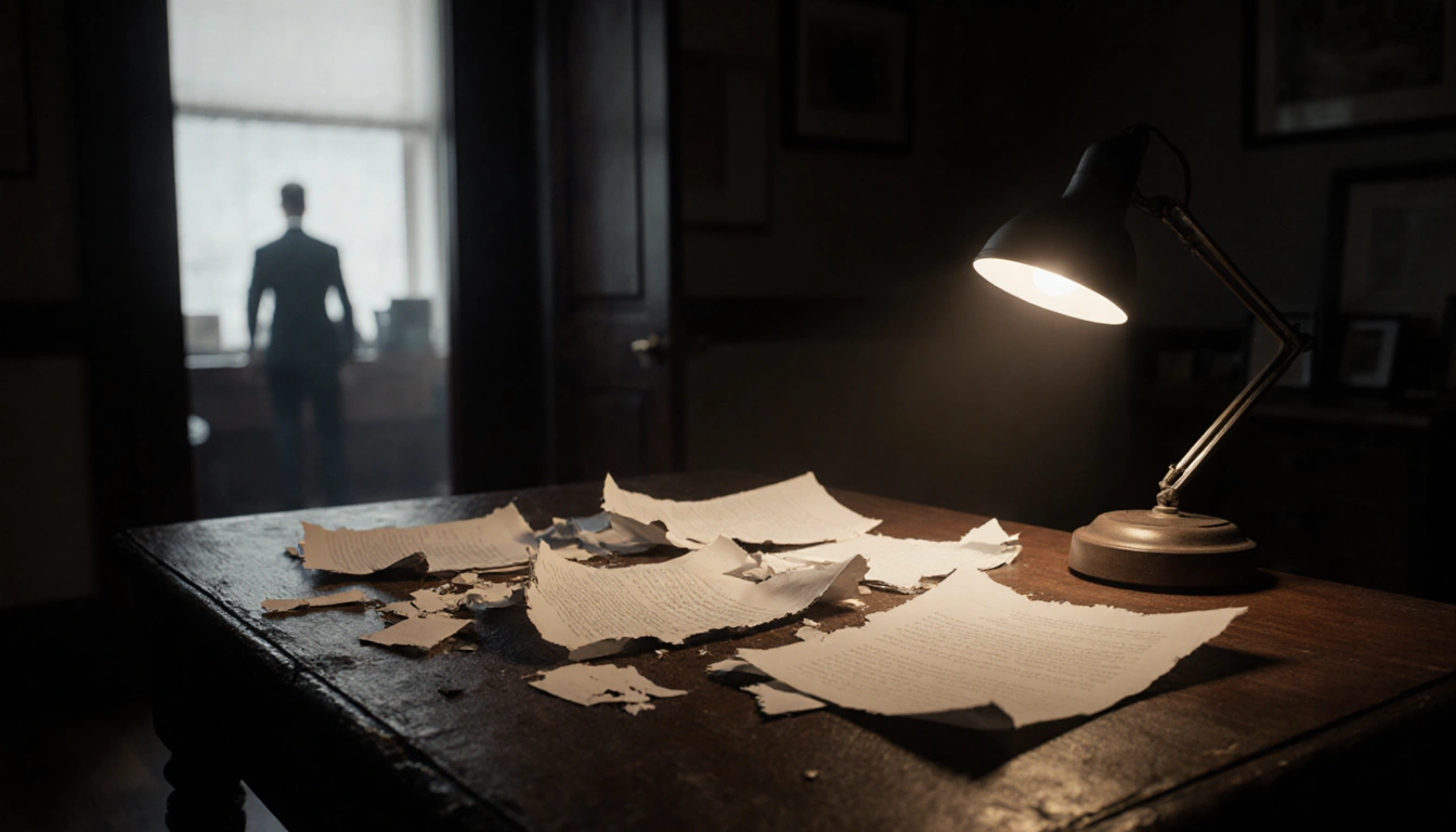 Shredded documents scattered on a desk with a flickering lamp casting glow and a blurred lawyer office window in background.