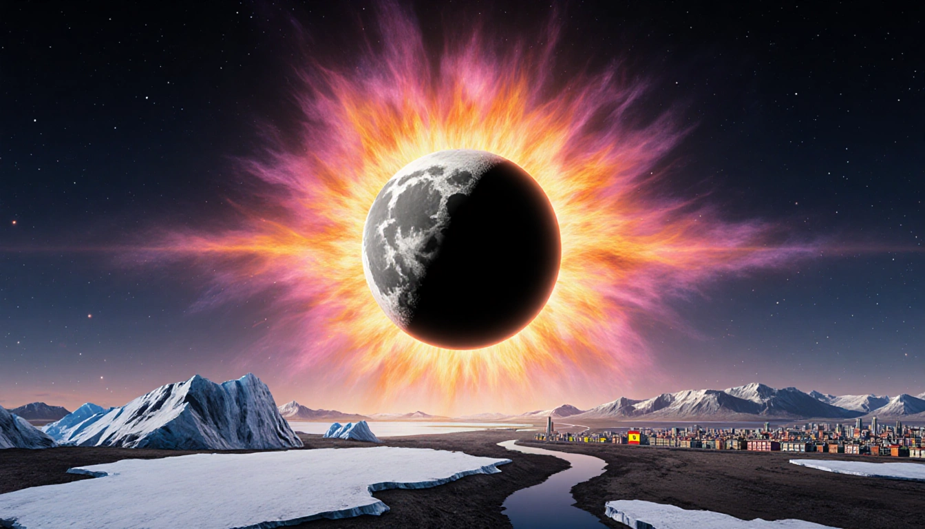 Solar eclipse illuminates moon with orange pink yellow corona over Greenland and Iceland peaks Spain cities rise in distance.