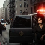 Tow truck drives down narrow LA street with law enforcement SUV parked and a frustrated figure looking out Da Vinci Apartment