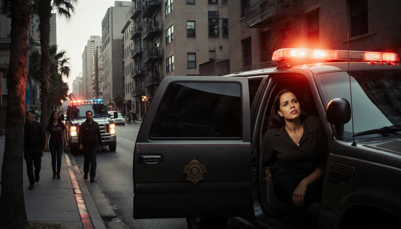 Tow truck drives down narrow LA street with law enforcement SUV parked and a frustrated figure looking out Da Vinci Apartment