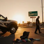 Tow truck driver walking away with abandoned child car seat and toys near a