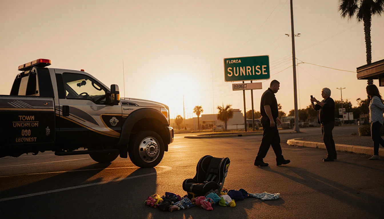 Tow truck driver walking away with abandoned child car seat and toys near a