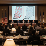 Residents debating district maps with warm lamps and split-screen of gerrymandered vs fair districts behind Indiana flag