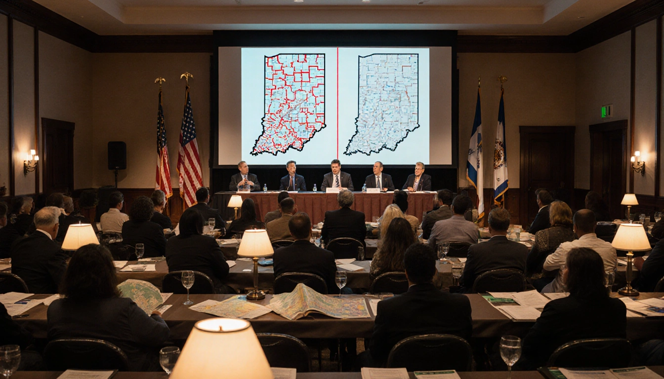 Residents debating district maps with warm lamps and split-screen of gerrymandered vs fair districts behind Indiana flag