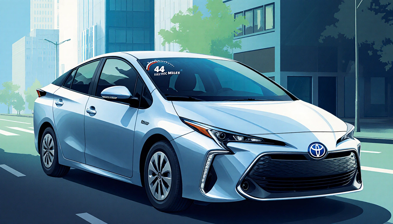 Toyota Prius parked on city street with badge and dashboard showing 44 electric miles and sleek interior
