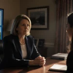 Rep. Tracey Mann sits with hands clasped listening to Raquel Martin with interest in a congressional office discussing farm a