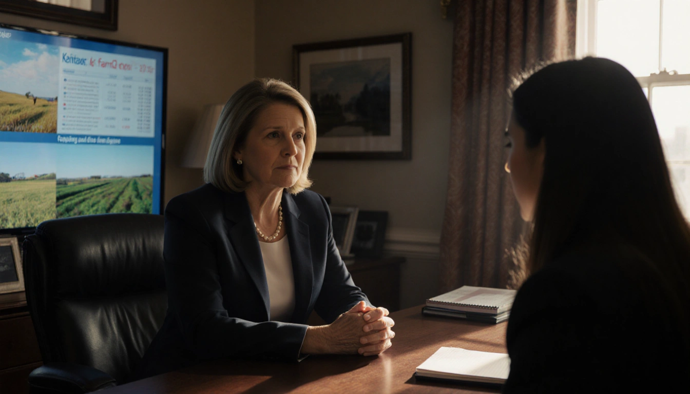 Rep. Tracey Mann sits with hands clasped listening to Raquel Martin with interest in a congressional office discussing farm a
