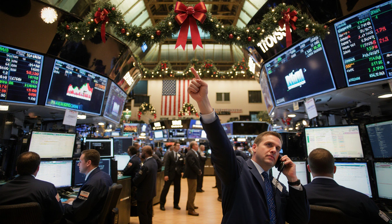 Trader celebrates a soaring stock ticker on his screen with festive holiday lights and golden glow on a bustling trading floo