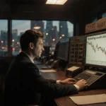 Investor staring at plummeting oil prices on screen with dimly lit trading floor and warm glow and blurred dusk cityscape