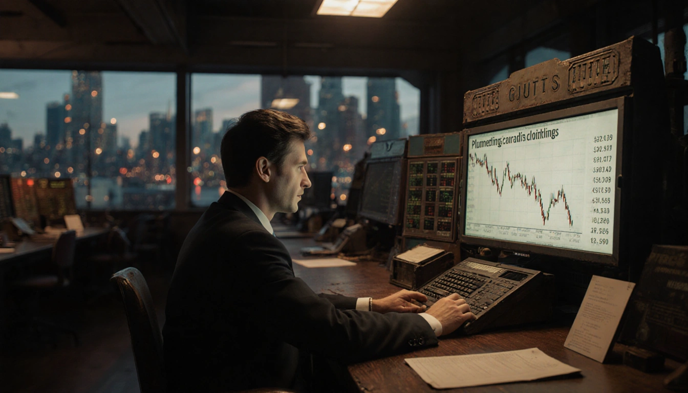 Investor staring at plummeting oil prices on screen with dimly lit trading floor and warm glow and blurred dusk cityscape