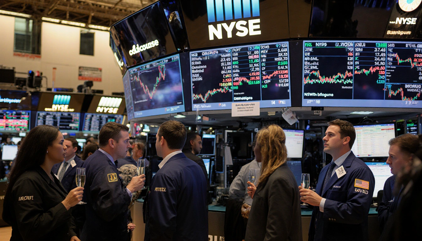 Investors gathering around a screen with champagne flutes and bright ticker in focus