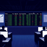 Investors huddle around tables with glowing screens and a central stock ticker on the dimly lit trading floor.