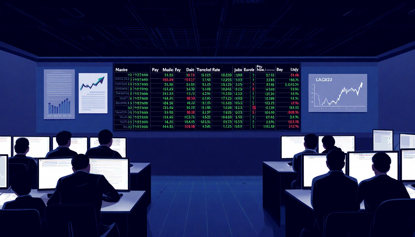 Investors huddle around tables with glowing screens and a central stock ticker on the dimly lit trading floor.