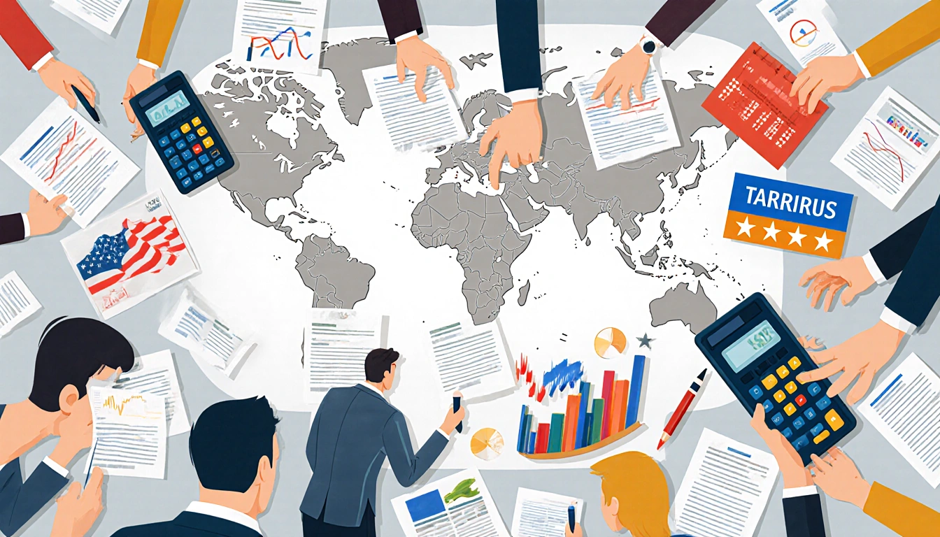 Traders scrambling across a chaotic trading floor with stacks of tariff papers and global maps in the background