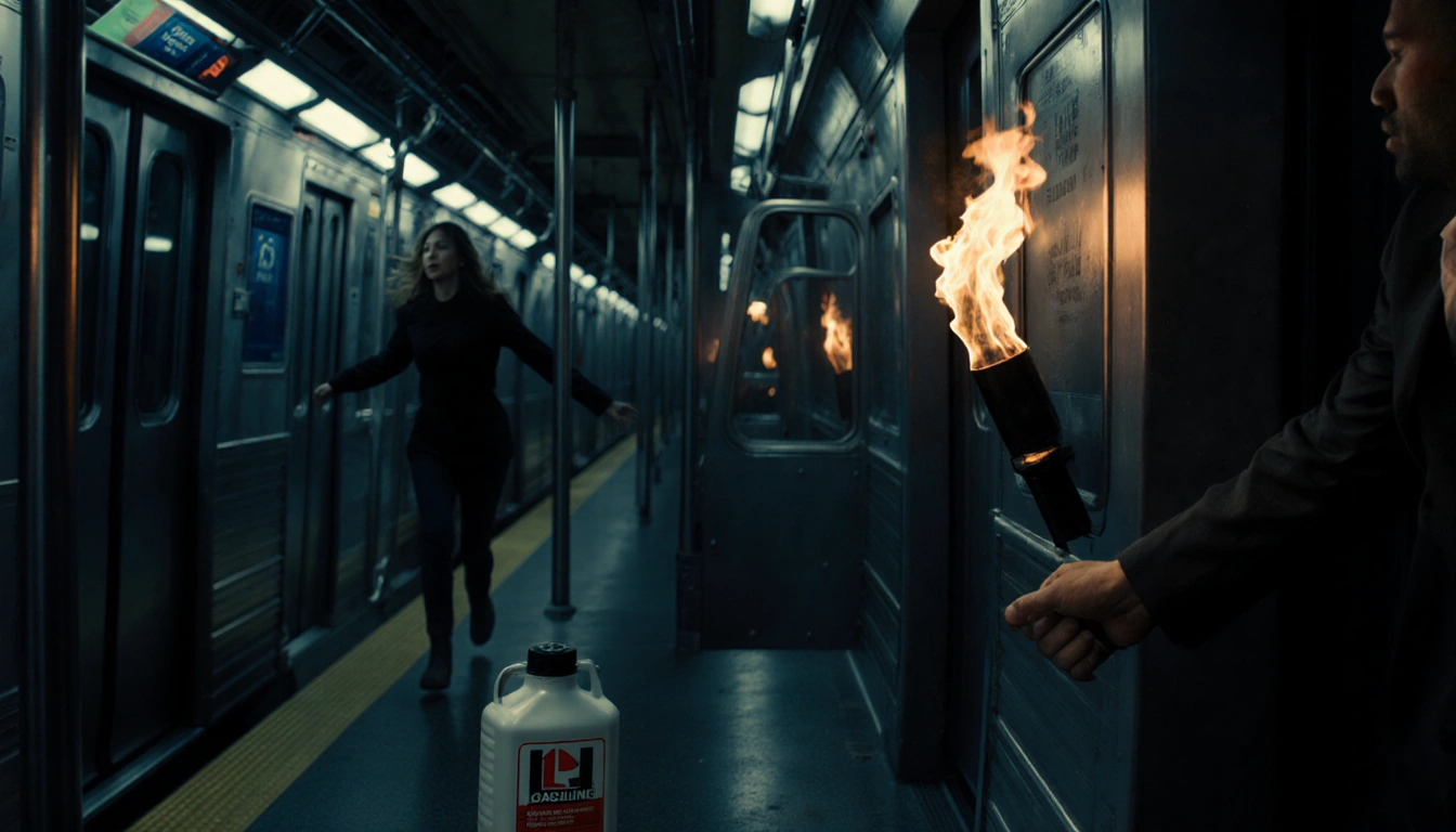 Woman runs across dim train carriage with gasoline bottle in hand and flames licking her face