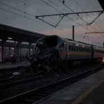 Damaged Interoceanic Train lies on dim platform with mangled carriages and emergency vehicles nearby.