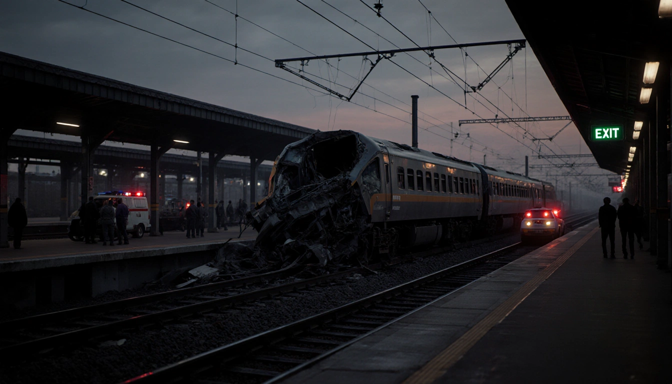 Damaged Interoceanic Train lies on dim platform with mangled carriages and emergency vehicles nearby.