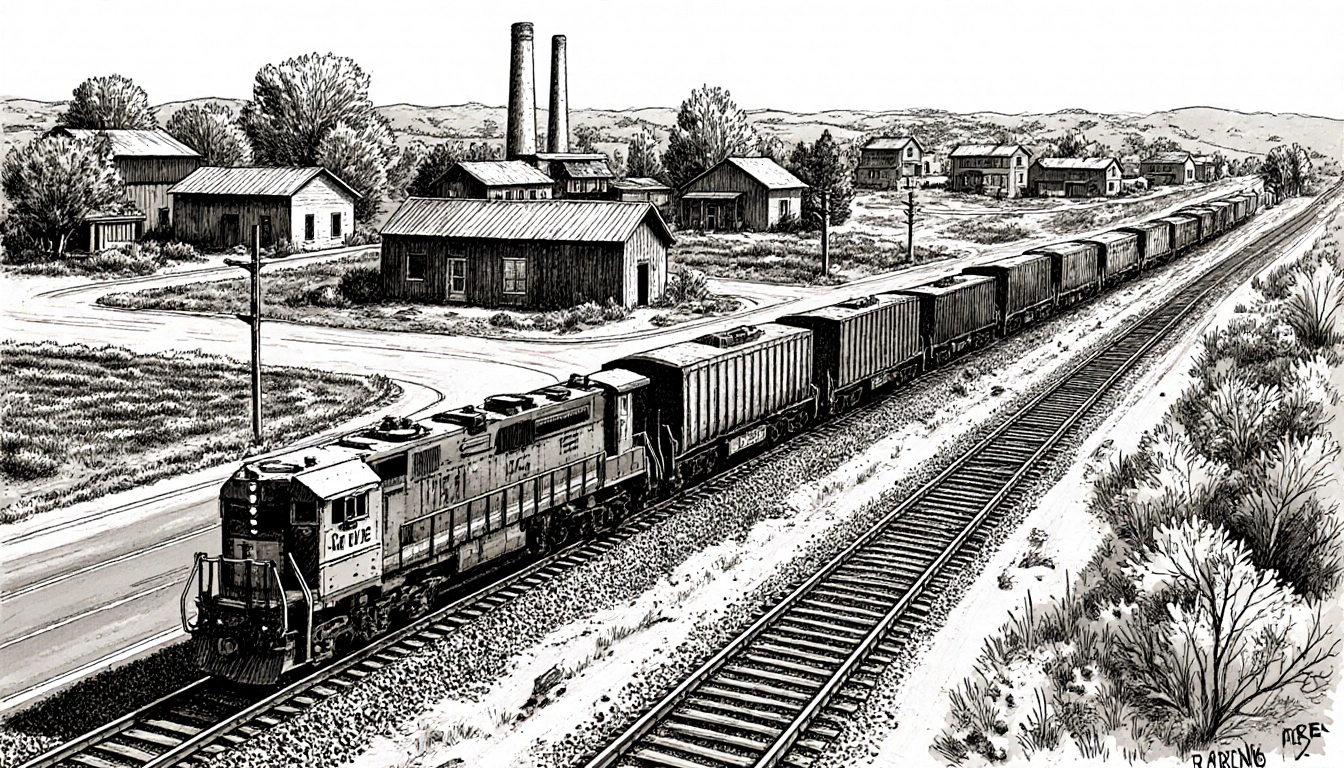 Freight train passing through a small town with empty abandoned tracks and a factory nearby