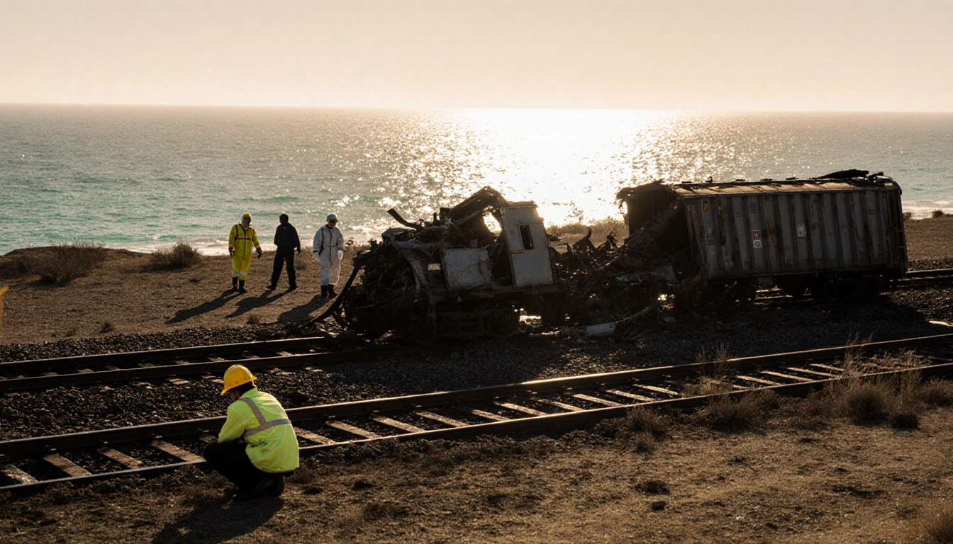 Worker kneels beside mangled railcar with twisted metal and hazmat searchers on desolate rail line with Pacific Ocean horizon