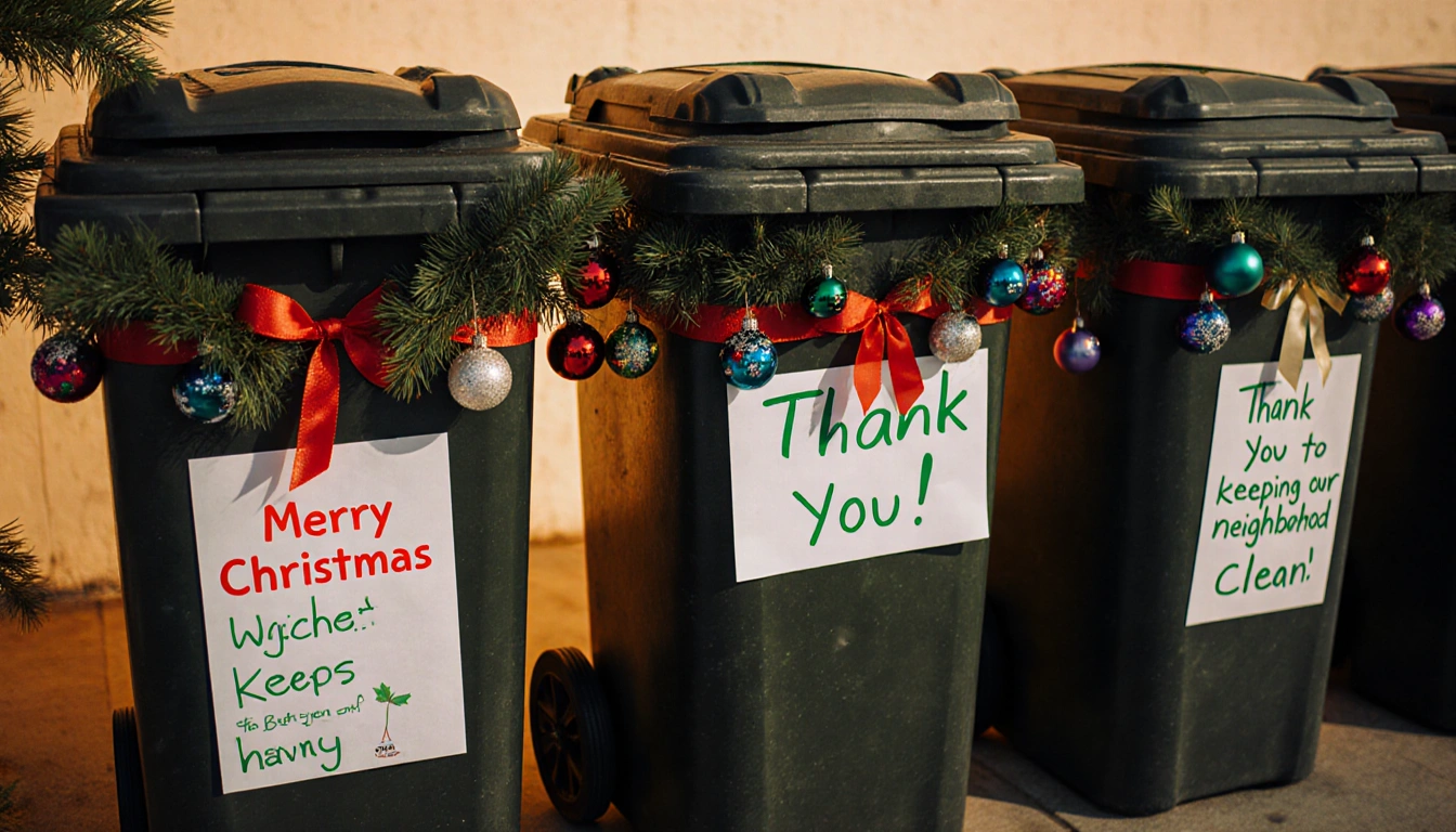 Trash cans being decorated with ornaments and ribbons in front of warm-lit background with evergreen branches