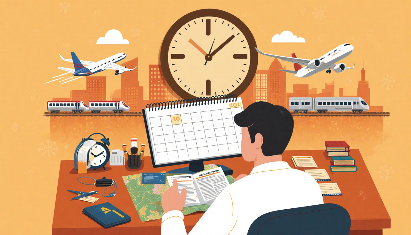 Traveler planning trip at desk with calendar and maps and ticking clocks in background