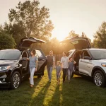 Families exit SUVs with sunset glow and green backyard.