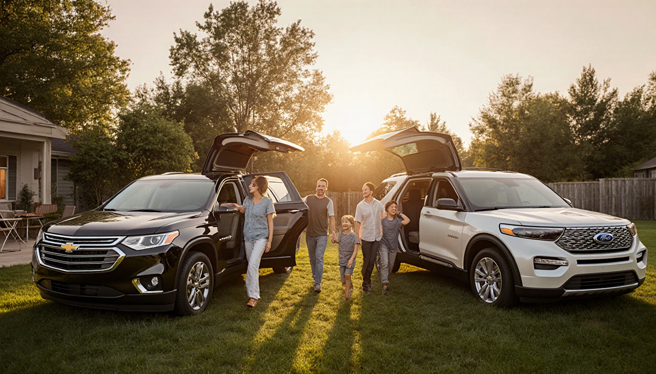 Families exit SUVs with sunset glow and green backyard.