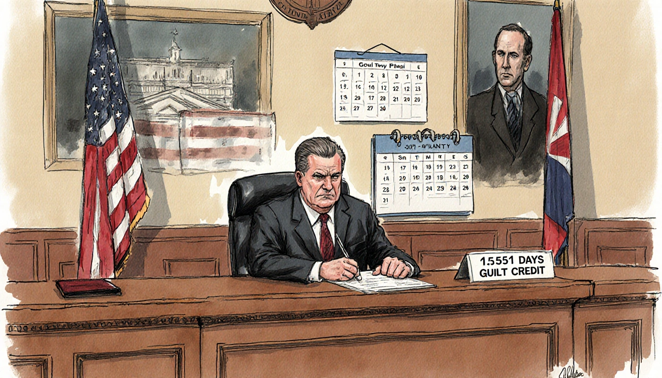 Judge sternly overseeing courtroom sentencing with guilty plea document on desk and calendar in background