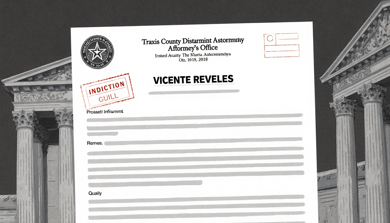 Indictment document showing Vicente Reveles' name in bold with dark gray background and official seal.