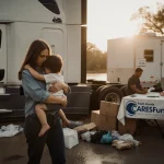 Woman hugging child near donation truck with flood‑damaged furniture and volunteers helping applicants