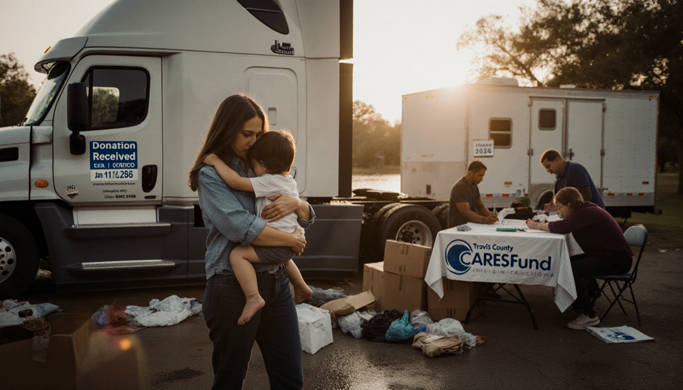 Woman hugging child near donation truck with flood‑damaged furniture and volunteers helping applicants