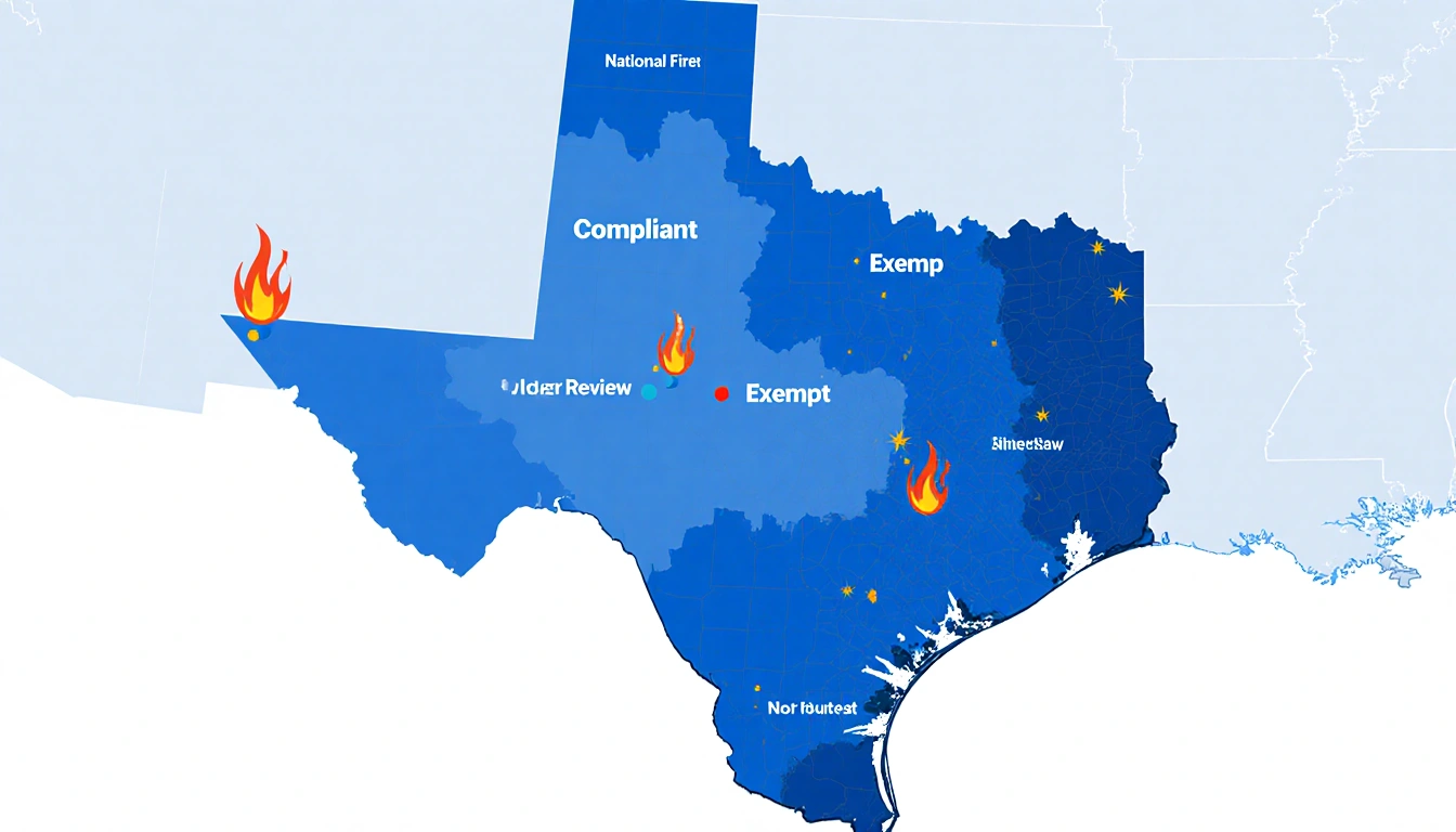 Map illustrating Travis County with sections marked compliant or exempt and subtle flames around noncompliant areas