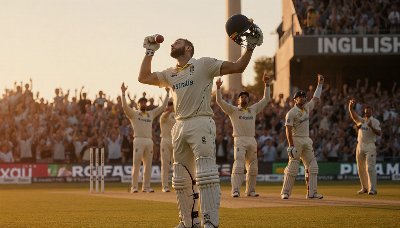 Travis Head celebrating with arms raised and ball kissed under golden hour light with cricket wickets in background