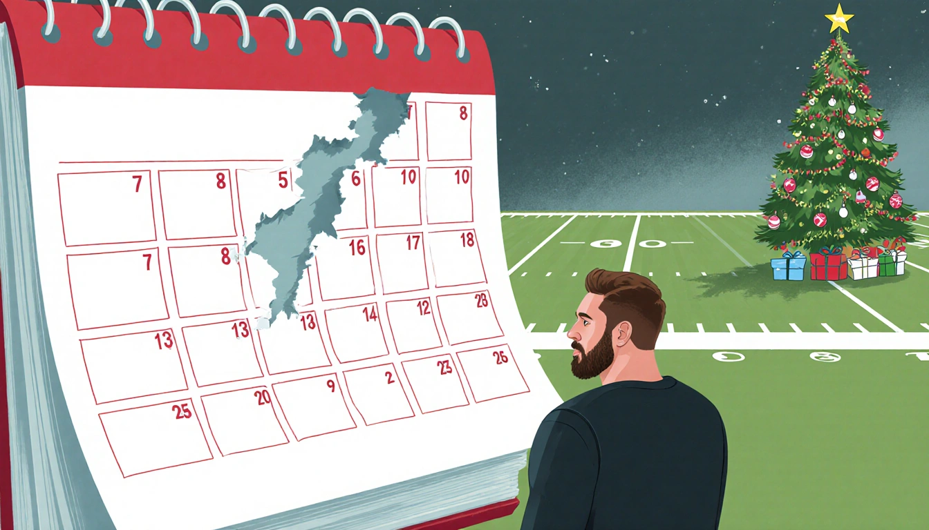 Travis Kelce standing with a torn calendar page and blank pages before a football field and Christmas tree in tones.