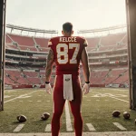 Travis Kelce stands alone at midfield, facing away from the camera, with his iconic #87 jersey draped over his shoulders.