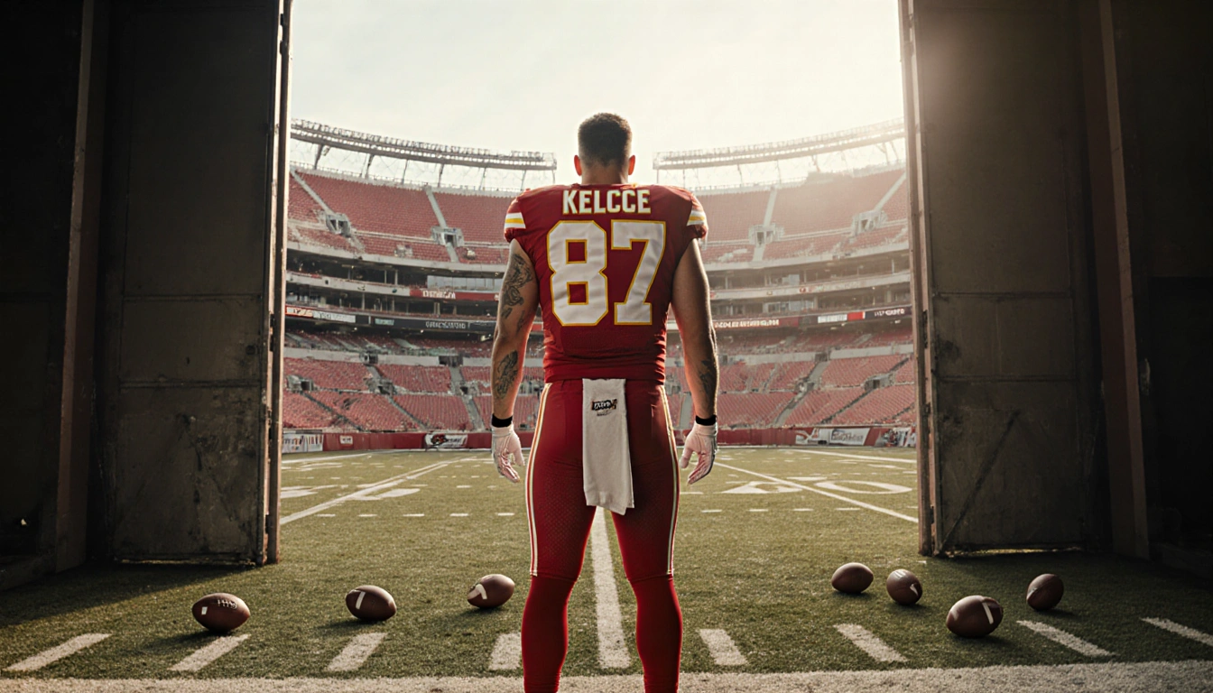 Travis Kelce stands alone at midfield, facing away from the camera, with his iconic #87 jersey draped over his shoulders.