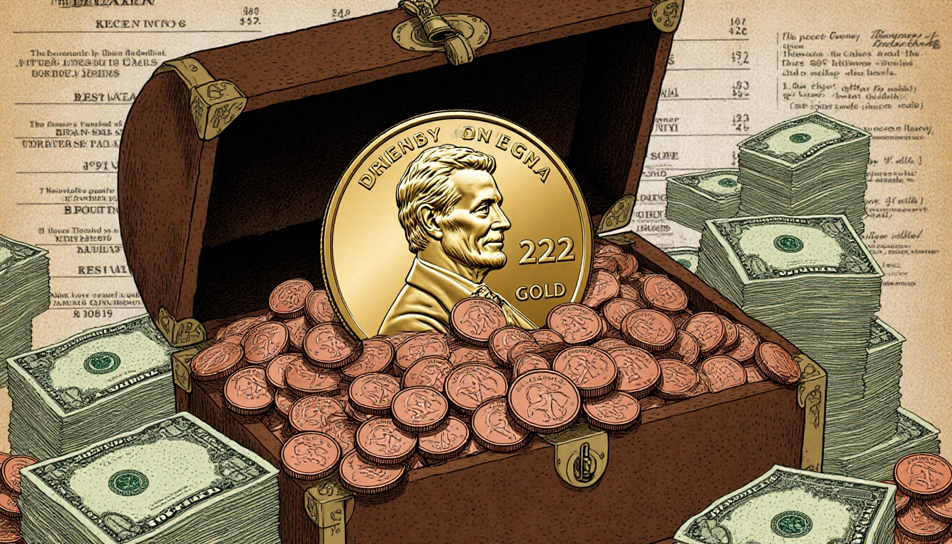 Treasure chest overflowing with coins spilling pennies and a gold penny with Omega symbol near crisp $1 bills