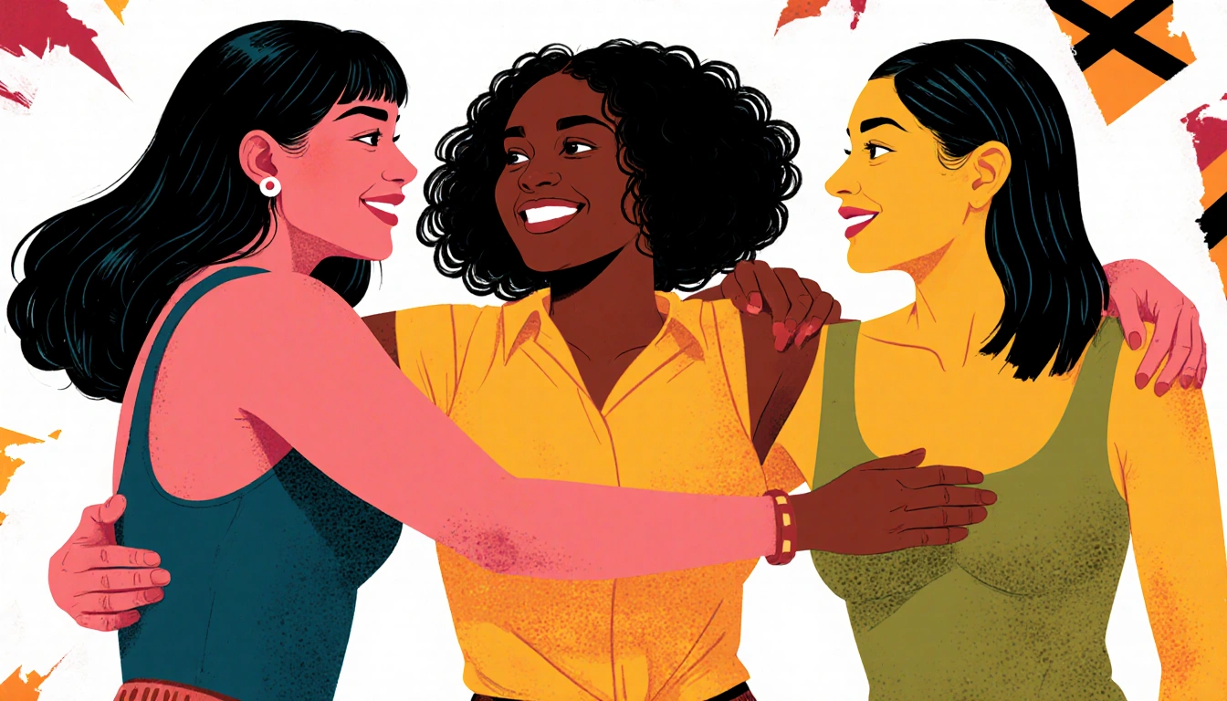 Three women standing together partnership arms around each other with vibrant colors and subtle tribal symbols background