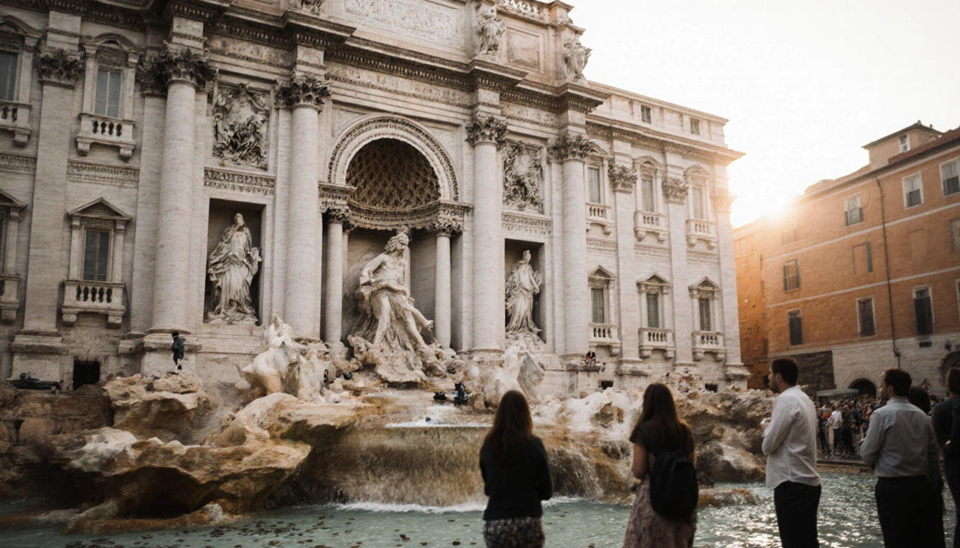 Tourists gather near Trevi Fountain with warm dawn light and coins scattered on stone.