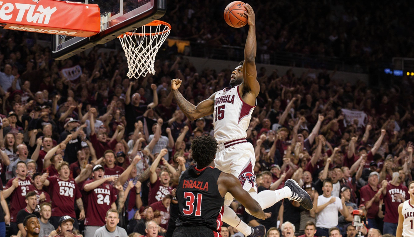Trevon Brazile leaps over Texas Tech bench dunking a ball with Arkansas jersey logo amid blurred crowd of fans.