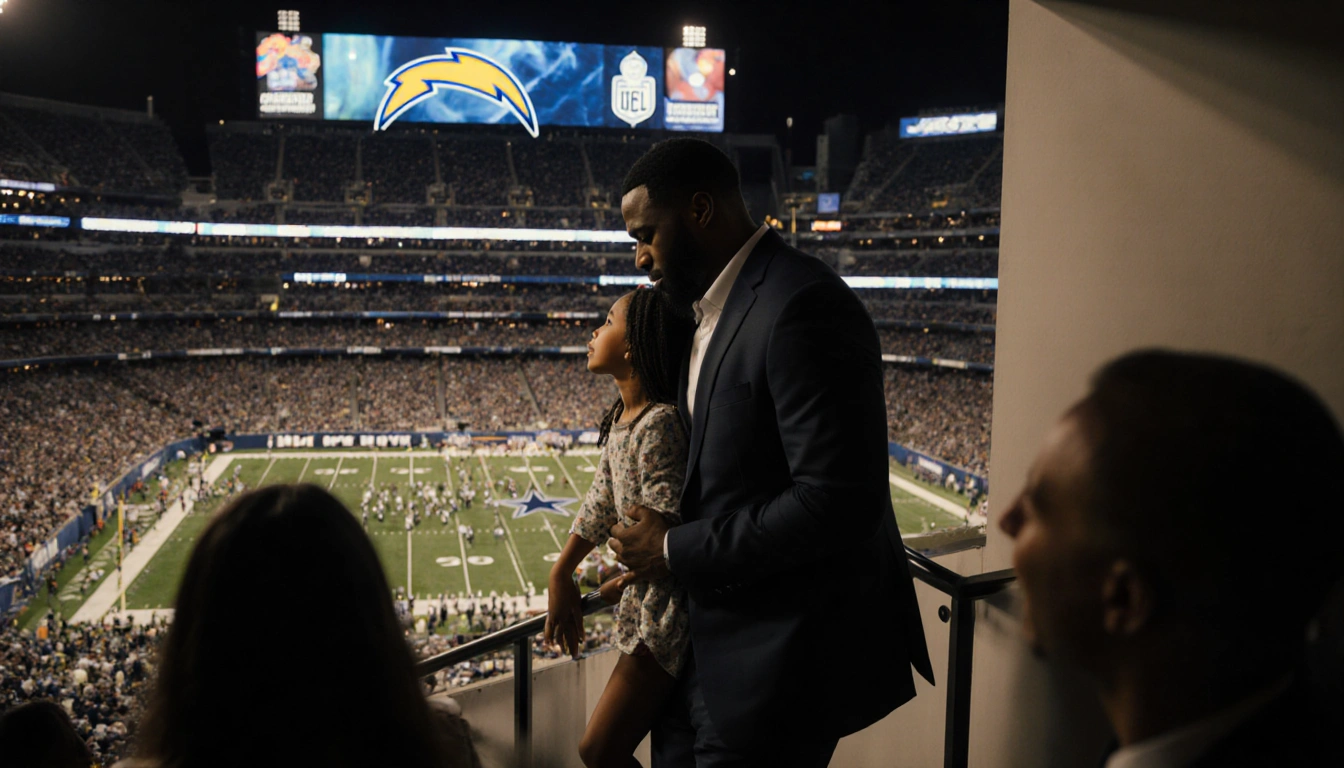Trevon Diggs walking down stairs with daughter beside him near Dallas Cowboys stadium at halftime and Chargers logo on deck