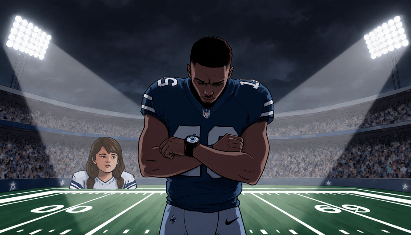 Trevon Diggs stares at his watch with lights casting shadows on Cowboys stadium daughter background.