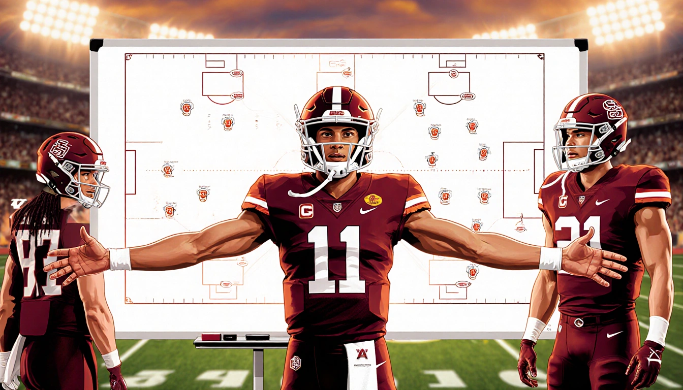 Trevor Lawrence standing confidently with arms spread wide gesturing toward whiteboard of offense play diagrams teammates.