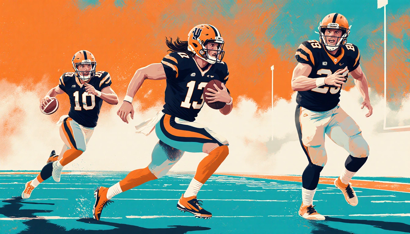 Trevor Lawrence running with football toward end zone Ashton Dulin returns kickoff Jonathan Taylor scores touchdown.