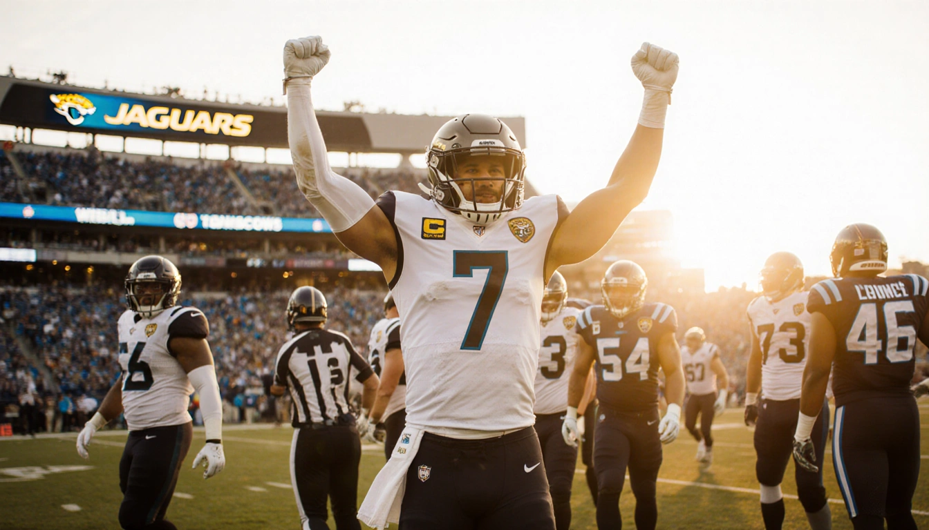 Trevor Lawrence celebrates two touchdowns with arms raised while teammates surround him beneath Jags logo and golden sunset.