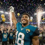 Trevor Lawrence celebrates victory with confetti and cheering Jaguars fans in stadium lights.
